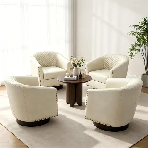 Vista 18 de Pia Ricco Silla de Acento Tipo Barril de Cuero Sintético, Silla de Club Moderna con Brazos, Cómoda Silla Individual Tapizada con Patas de Madera