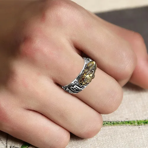 Vista 3 de RUIFUU Feng Shui Pixiu Mantra Anillo Lucky Wealth Love Health Anillo Budista Joyería para Hombres Mujeres, Cobre, oro, plata