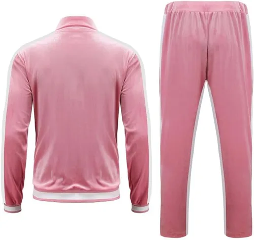 Vista 3 de KISSQIQI Chándal de 2 piezas con cremallera completa para hombre, trajes deportivos de terciopelo dorado, trajes casuales, chaqueta y pantalones