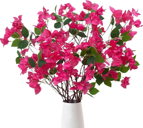 Vista 9 de Ramas de flores artificiales de buganvilla, tallos de buganvilla de seda con ramitas de árbol secas, tallos de vegetación sintética de tacto real