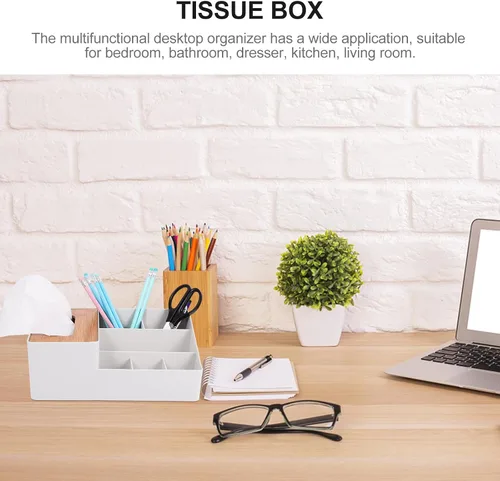 Vista 5 de Soporte para caja de pañuelos de bambú para tableta, organizador de cajas de papel multifuncional, cubierta de caja de pañuelos con almacenamiento