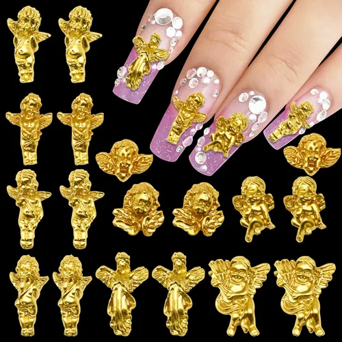 Vista 9 de WOKOTO 90 dijes de uñas de ángel en relieve blanco para uñas acrílicas 3D Angel Baby Nail Art Charms Retro Barroco Cupido Diseños Accesorios de Arte
