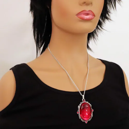 Vista 2 de Piedra ovalada roja sangre en plata acabado estaño marco colgante collar, Metal