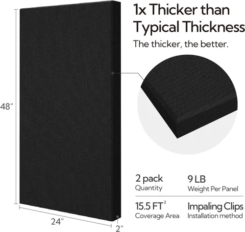 Vista 4 de Olanglab Paneles Acústicos Absorbentes de Sonido para Pared, Paquete de 2, Paneles de Amortiguación de Sonido de Fibra de Vidrio de 2'' 24''x48