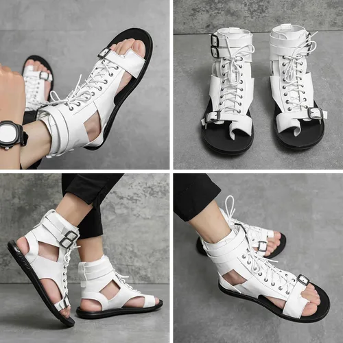 Vista 5 de UGOSELEC Sandalias de gladiador de cuero para hombre, sandalias romanas, informales, antideslizantes, transpirables, con cordones, versátiles