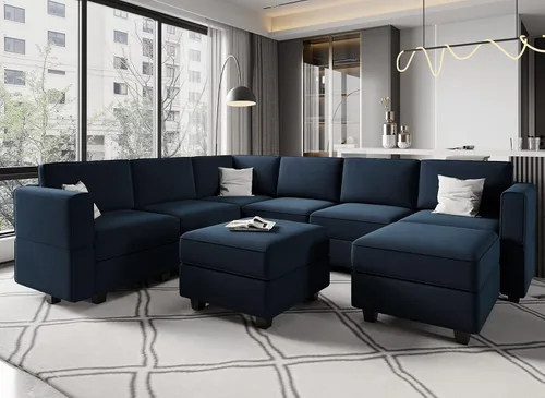 Vista 18 de Belffin Sofá modular en forma de U con tumbonas reversibles, de terciopelo, con asiento de almacenamiento, color negro