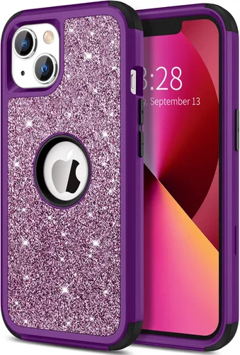 Vista 11 de Hython Funda para iPhone 13 Funda con Purpurina, Bonita Cubierta Brillante Resplandeciente con Brillo, Resistente 3 en 1 Híbrida de PC Duro TPU