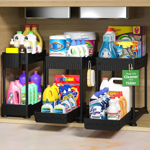 Vista 9 de Sevenblue Paquete de 3 organizadores para debajo del fregadero, organizadores multiusos de cocina y baño de 2 niveles y almacenamiento con cajones
