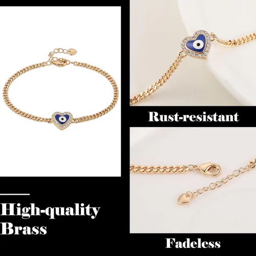 Vista 4 de HZMAN Pulsera de ojo turco chapada en oro rosa de 14 quilates para mujeres y niñas, pulsera de protección de la suerte, pulsera ajustable