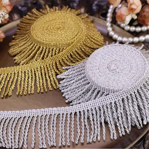 Vista 4 de Borde de flecos dorados con flecos para costura, manualidades, pantalla de lámpara, almohada, cortina, disfraz, vestido de baile latino y decoración