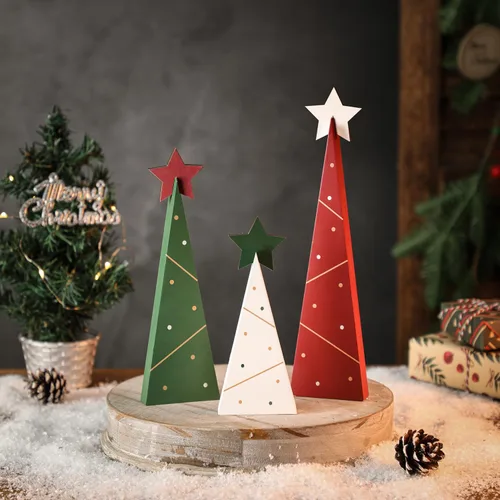 Vista 4 de Amorita Decoración rústica de Navidad de 3 piezas, árboles de Navidad de madera, decoración de mesa, árbol de madera independiente, centros de mesa