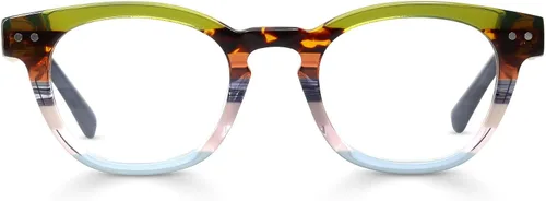 Vista 11 de eyebobs - Waylaid Gafas de lectura tradicionales y azules de primera calidad Marco redondo para caras promedio Ámbar se desvanece frente