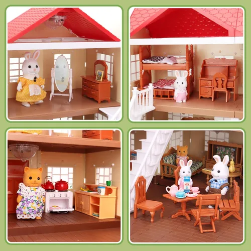 Vista 4 de Set de casa de cabaña familiar acogedora, casa de muñecas con muebles y accesorios, casas de muñecas de estilo cabaña para jugar, DIY