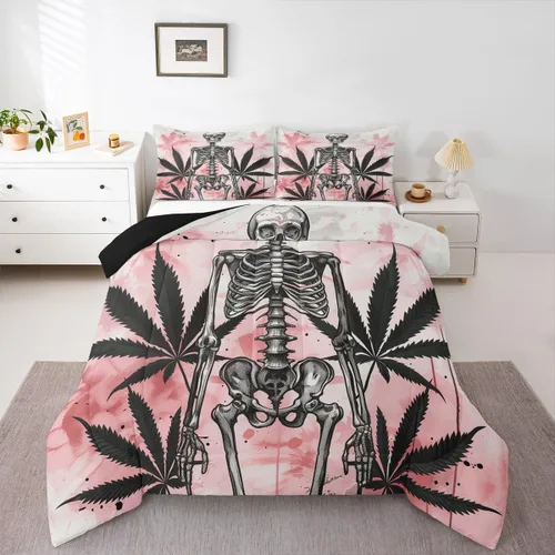 Vista 26 de Juego de edredón de polilla de la muerte, juego de ropa de cama tamaño individual, diseño de calavera gótica, flores botánicas, juego de edredón