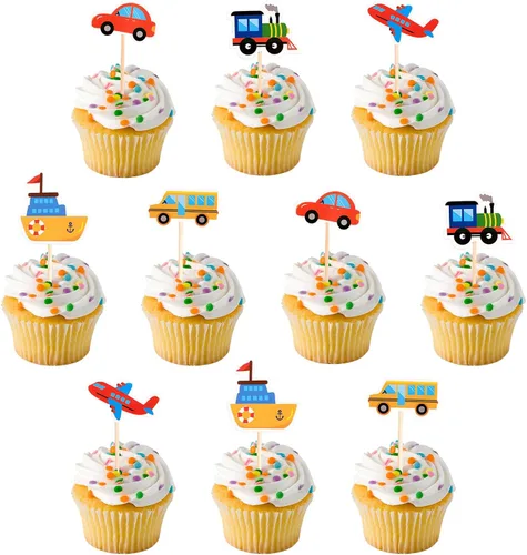 Vista 8 de Paquete de 30 adornos para cupcakes de transporte, para automóvil, camión, tren, avión, barco, fiesta, decoración de tartas para niños, cumpleaños