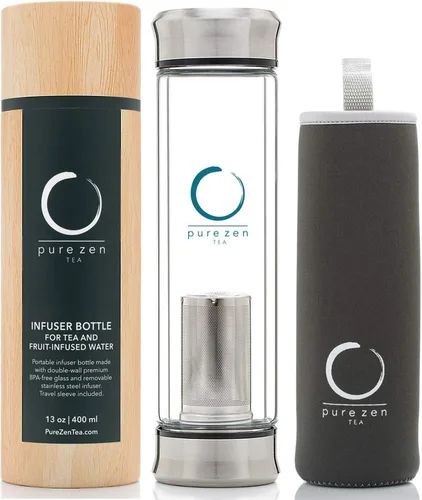 Vista 2 de Pure Zen Tea Botella de té de doble tapa de vidrio - Termo de té de acero inoxidable