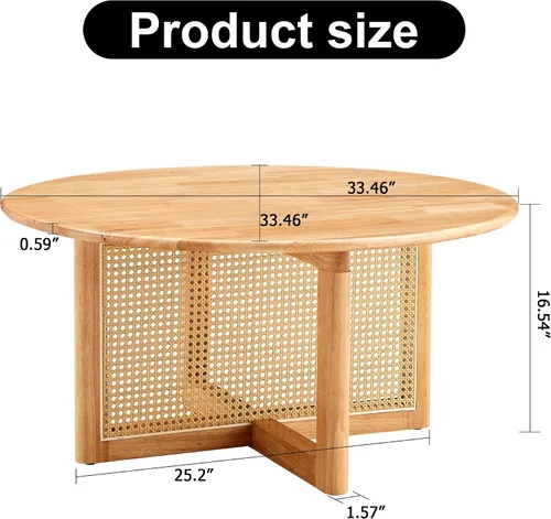 Vista 2 de Mesa de centro de madera de mediados de siglo con soporte de ratán de polietileno, mesa de café redonda de madera maciza de 33.45 pulgadas, mesa
