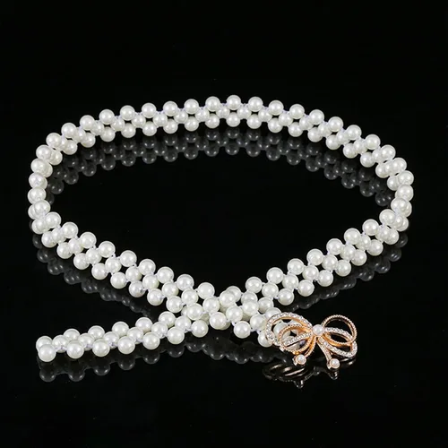 Vista 2 de Cinturón de cadena de cintura elástica con perlas de diamantes, Blanco