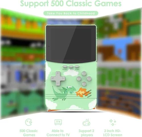 Vista 2 de Consola de juegos retro, consola de juegos portátil con 500 juegos FC, juego de mano con pantalla HD de 3 pulgadas y batería recargable de 1000 mAh
