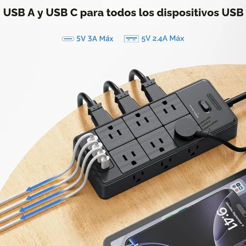 Vista 8 de NTONPOWER Tira de alimentación con cable largo, cable de extensión de 25 pies con 12 salidas y 4 puertos USB (2 USB C), extensor de múltiples
