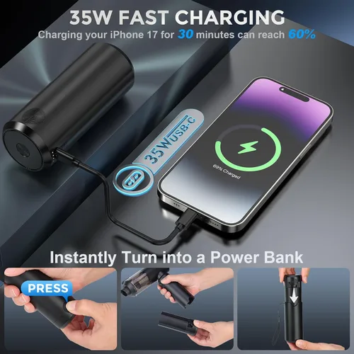 Vista 4 de Aspiradora de mano inalámbrica con banco de energía de 6000 mAh y luz LED, aspiradora 3 en 1 para automóvil, soplador de aire y cargador