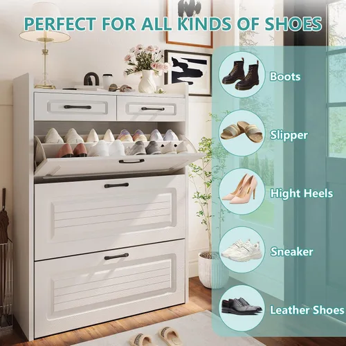 Vista 5 de ODUWA Gabinete para zapatos con 3 cajones abatibles y 2 cajones de almacenamiento, fácil de guardar de 18 a 25 pares de zapatos, gabinete de zapatos