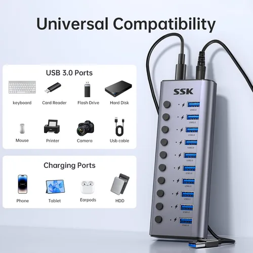 Vista 7 de Hub USB 3.0 alimentado por SSK de 10 puertos, concentrador de carga USB de 60 W Simultaneous Fast Charge,5Gbps Data Transmission,Individual