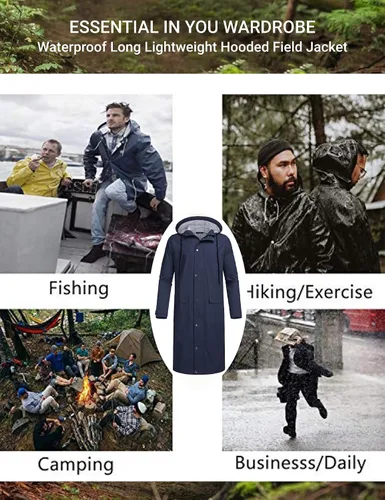 Vista 5 de COOFANDY Chaqueta impermeable para hombre con capucha, impermeable, ligera, activa, larga