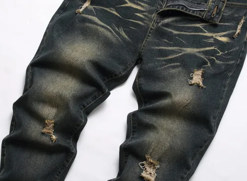 Vista 3 de Pantalones de mezclilla lavados para hombre con corte ajustado y elástico de moda Hip Hop