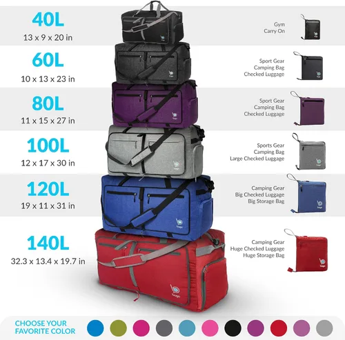 Vista 3 de Bago Bolsa de viaje para hombre y mujer, ligera, plegable, bolsa de lona para equipaje de 15.85 gal, 21.13 gal, y 26.42 gal (60 L, 80 L y 100 L)