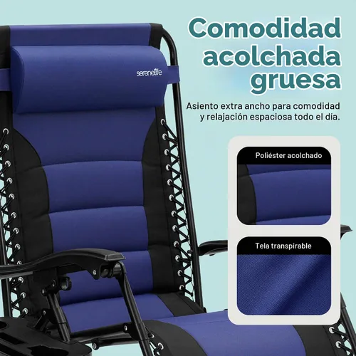 Vista 8 de SereneLife Silla de césped Zero Gravity Relájate cómodamente para acampar, patio y eventos al aire libre reclinable ajustable, reposacabezas Azul