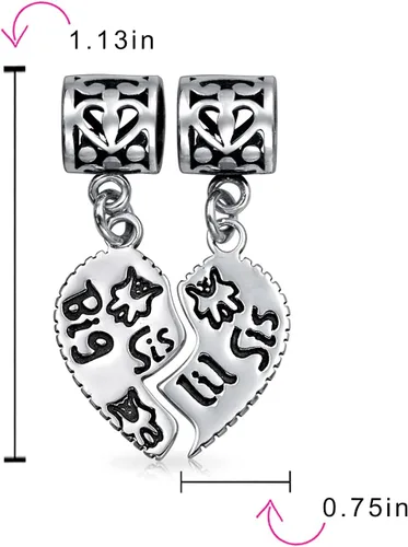 Vista 6 de Pulsera europea personalizada BFF SIS Little SIS de 2 piezas con dije de cuentas de corazón dividido para adolescentes, de plata de ley, Metal