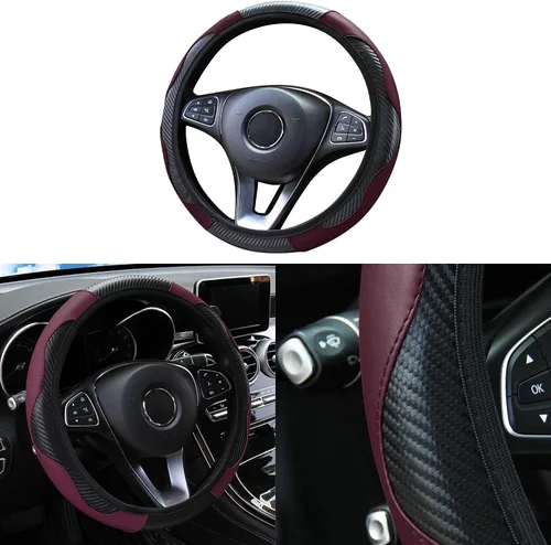 Vista 15 de Funda de volante de coche, 38 cm, de fibra de carbono, de microfibra, de PU, de cuero elástico, protector de volante antideslizante y transpirable