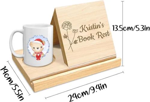 Vista 2 de Soporte triangular de madera personalizado para libros de escritorio personalizado para reposar páginas, texto grabado, estantería de roble sólido