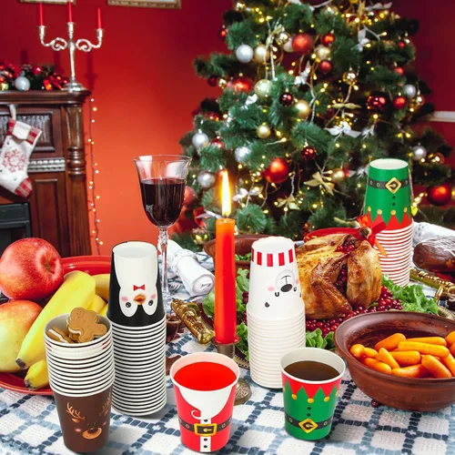 Vista 4 de Zhehao 200 Piezas Vasos de Papel de Navidad Xmas Vasos Desechables de Café 9 oz Santa Muñeco de Nieve Alce Vasos Desechables de Papel de Navidad
