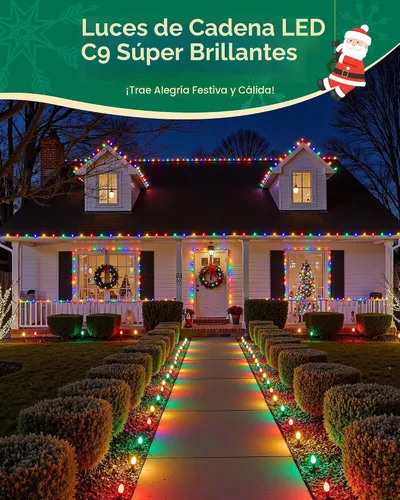 Vista 4 de Luces de Navidad C9 para exteriores con 110 clips de resorte, 110 luces LED C9 de 65 pies, impermeables, conectables para exteriores, techo, patio