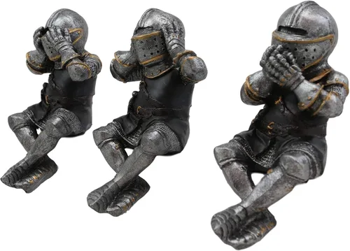 Vista 4 de Ebros Gift Juego de 3 caballeros reales renacentistas medievales con repisa de túnica negra o estante, 4 pulgadas de alto, traje de armadura