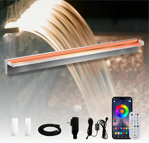 Vista 15 de Pamopamo Cascada Vertedero para Piscina de Acero Inoxidable Fuente de Estanque, Fuentes Negras para Exteriores con Control por APP y LED Coloridos