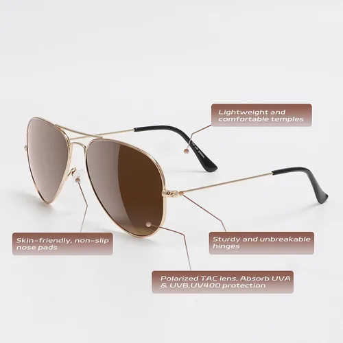 Vista 3 de Yaserra Lentes de sol de aviador polarizados retro para hombres y mujeres, lente TAC espejada, marco de metal, doble puente con protección UV400