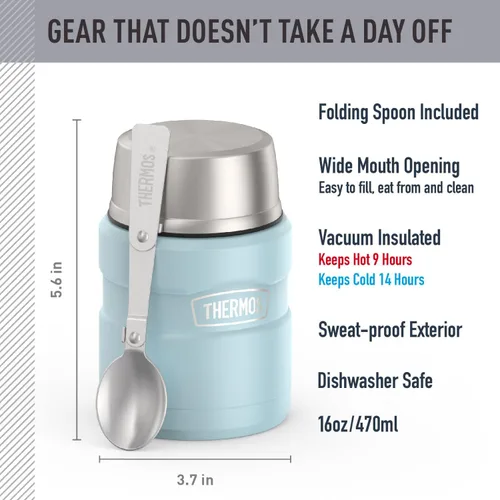 Vista 2 de THERMOS Stainless King - Tarro de alimentos aislado al vacío con cuchara, 16 onzas, color azul polvo mate
