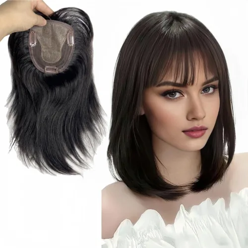 Vista 16 de Peluca de cabello humano para mujer con flequillo, peluca con clip para cabello fino + base de cuero cabelludo de poliuretano de alta densidad
