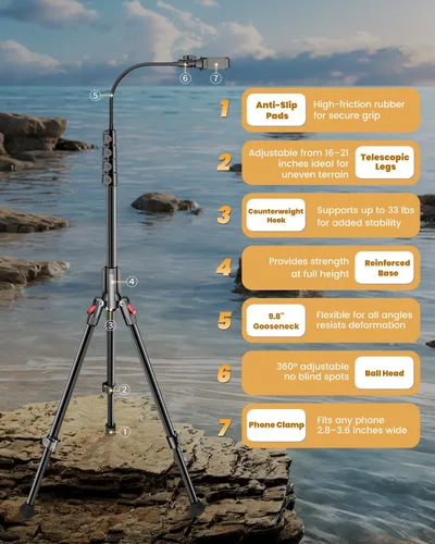 Vista 6 de CAMBOFOTO 84" Phone Tripod, Tall Tripod for iPhone with Gooseneck & Remote