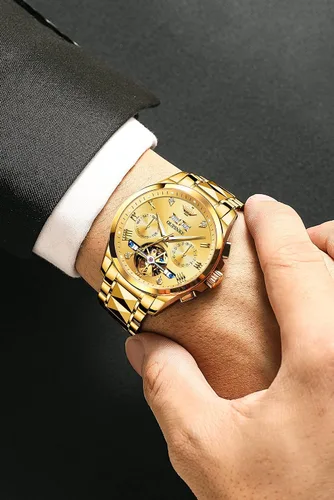 Vista 4 de OUPINKE Gold Men Automatic Mechanical Wrist Watches Luxury Dress Tungsten Steel Luminous Waterproof Sapphire Diamond Calendar Best Gifts Men