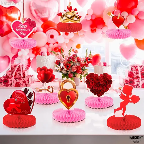 Vista 6 de KatchOn Centros de mesa rojos de San Valentín para mesas, paquete de 9 Centro de mesa de panal de San Valentín 3D, decoraciones de mesa