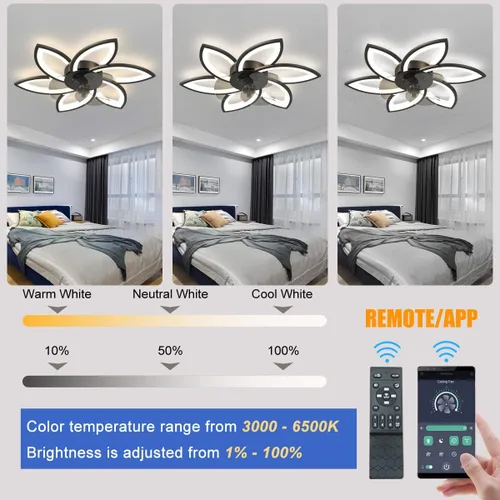 Vista 3 de Ventilador de techo de 30 pulgadas con control remoto de luces, moderno ventilador de techo de perfil bajo con luces, ventiladores de techo 30" negro