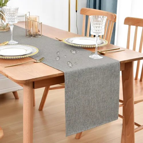 Vista 11 de Faux Linen Small Table Runner Water Resistant 13 x 36 in, Brown Farmhouse Short Table Runners, Coffee Table Runner, Dresser Runners for Bedroom