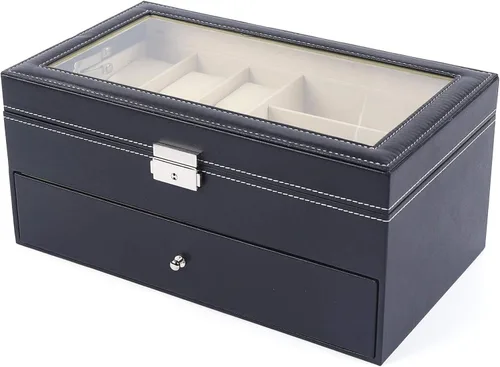 Vista 8 de Estuche organizador de joyas para relojes, de cuero negro para 6 relojes + 9 gafas con parte superior de cristal, regalo para hombres y mujeres