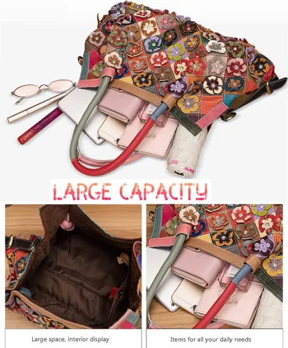 Vista 3 de Bolso Boston multicolor para mujer, de cuero genuino, colorido, grande, bolso de mano