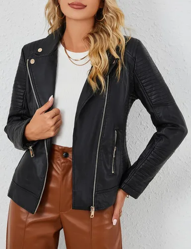 Vista 2 de Bellivera Chaqueta informal de piel sintética, abrigo de motocicleta de moda para otoño y primavera, para mujer