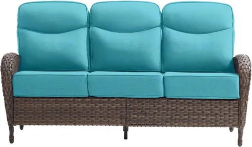 Vista 18 de Sofá de lujo para patio, sofá de mimbre para exteriores con cojines sonrientes de 6 pulgadas, respaldo alto, resistente, cómodo, mimbre marrón